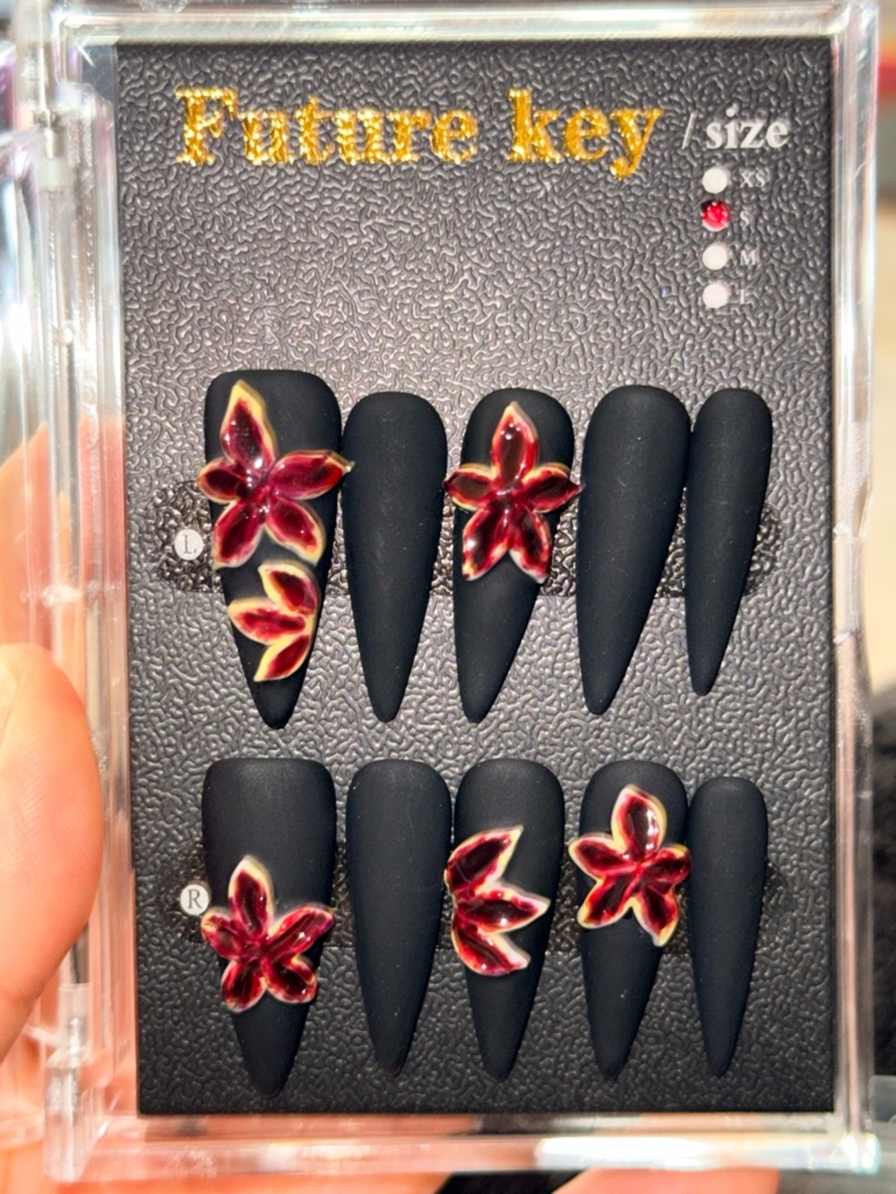 Matte Black Stiletto Press-On Nails with Red Floral Accent